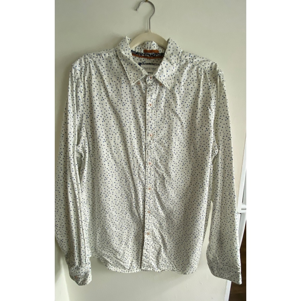 Denim‎ & Flower Ricky Singh Mens Large White Blue Star Print Cotton Button Shirt
